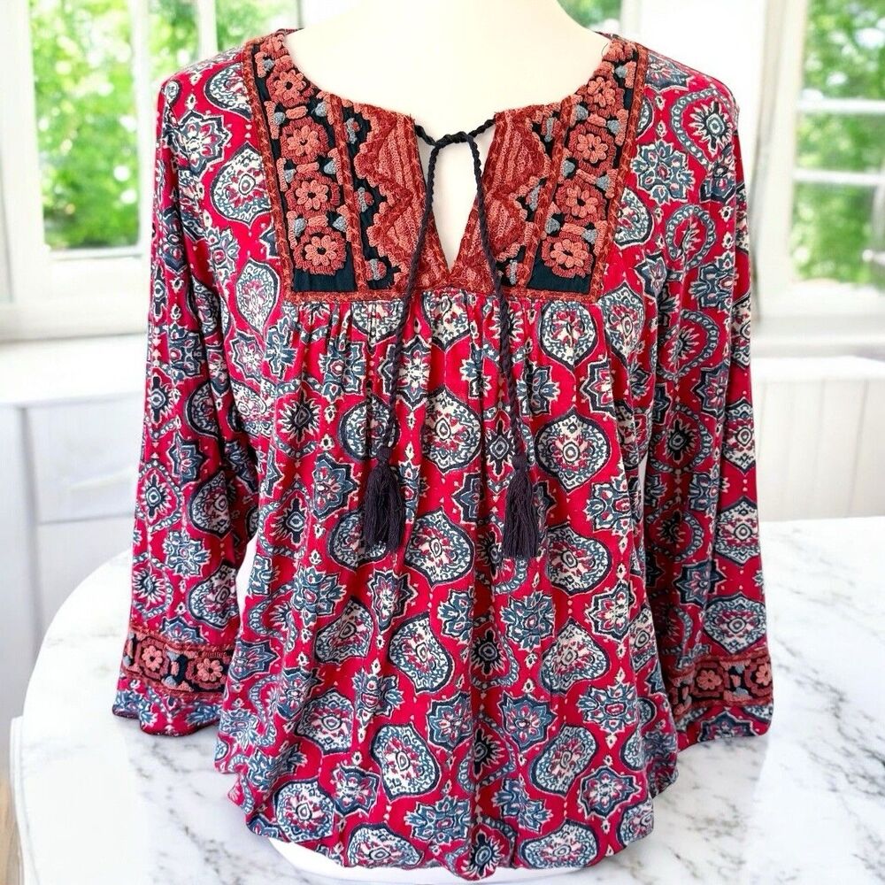 Lucky Brand Peasant Tassel Tie Neck Embroidered Blouse Top Shirt Size L Large